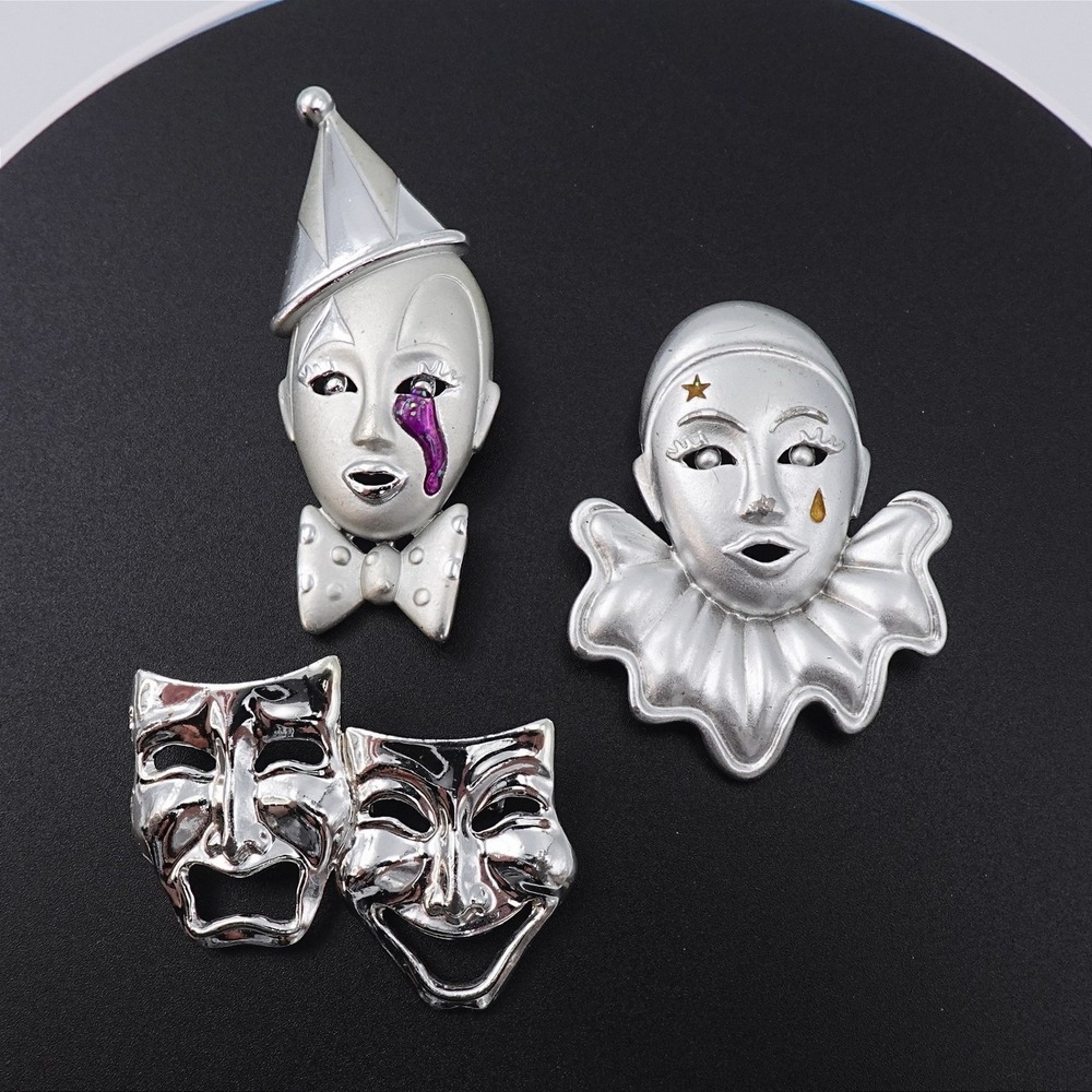 VTG Silver Tone Clown and Drama Mask Brooch Pin Pierrot Theater Lot 3 Piece